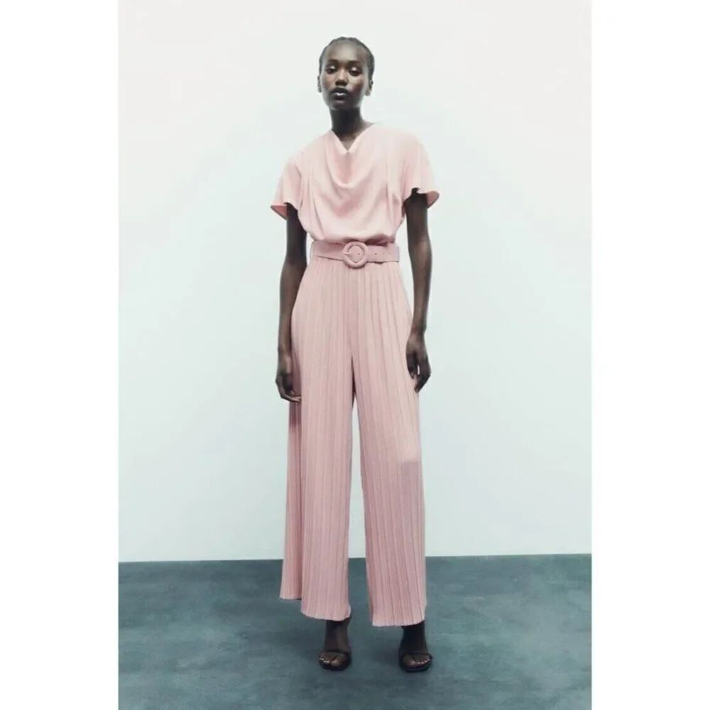 Zara Womens Jumpsuit M Pink Belted Drape Neck Pleated Wide Leg 4387/261 NWT